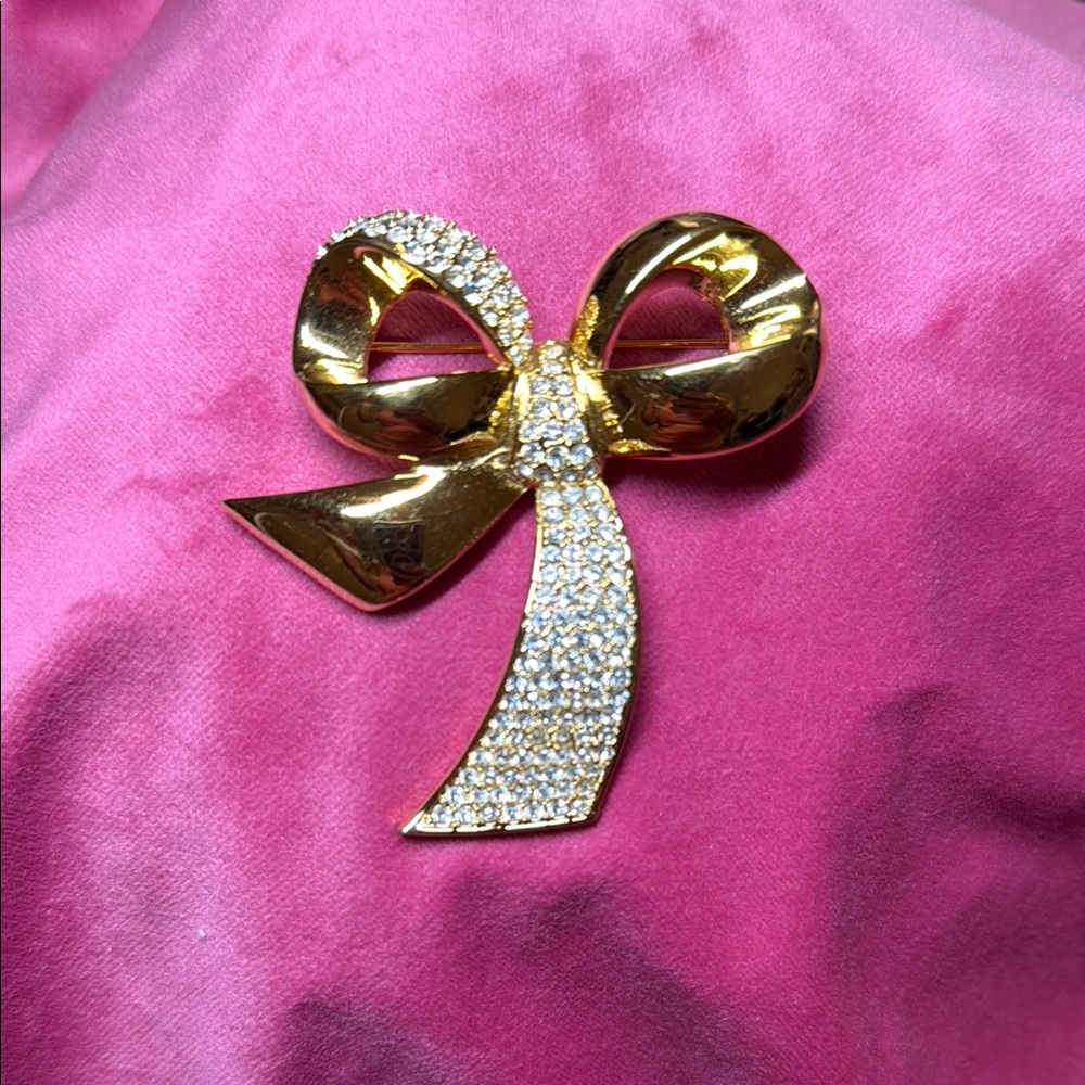 Gold tone Bow Brooch with CZ rhinestones